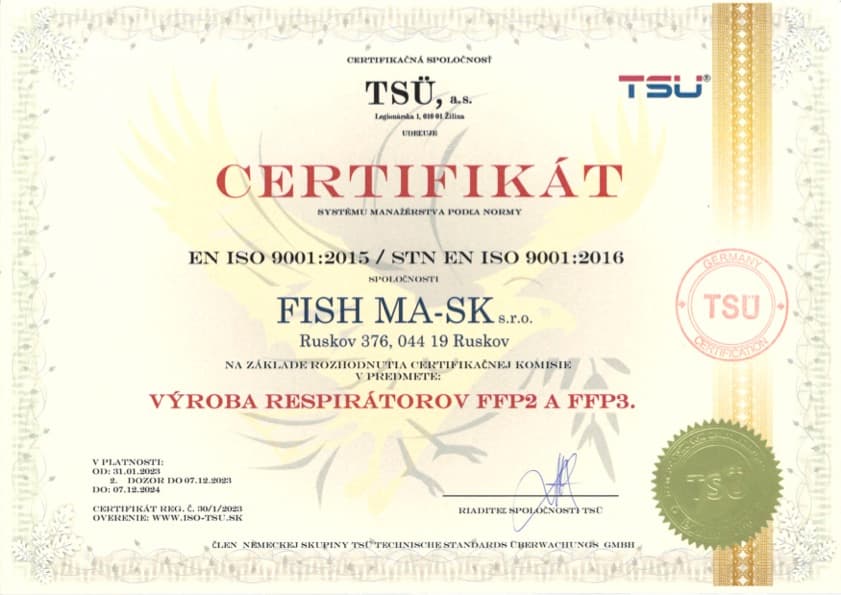 Certifikát ISO 9001:2015 — slovenská verzia
